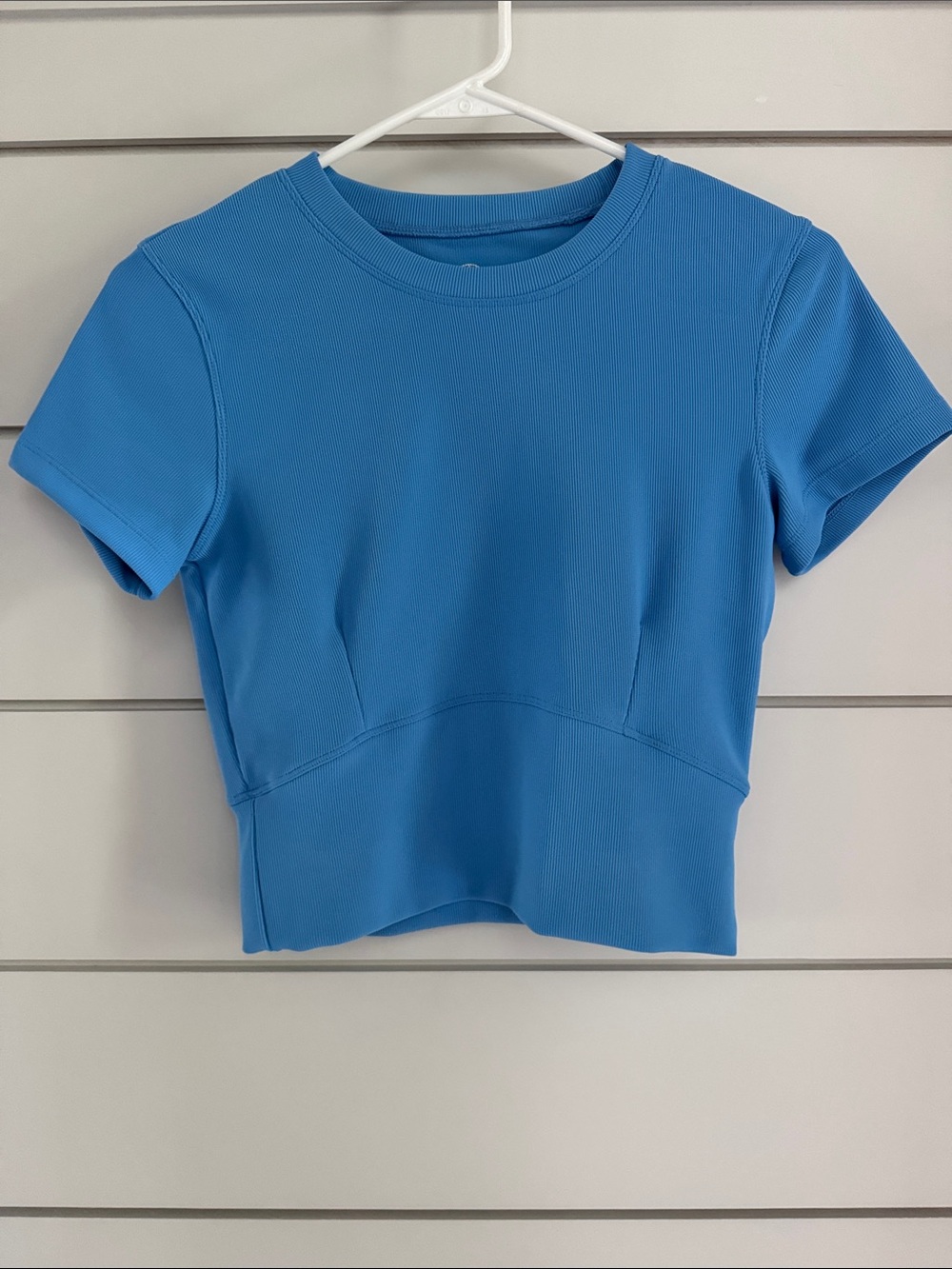 Move Theology Cropped Short Sleeve Blue Ribbed Top